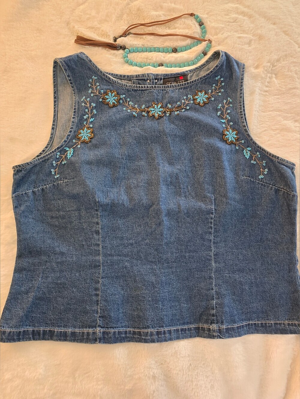 Vintage Scarlett Denim Sleeveless Top With Beaded Turquoise Floral Accents